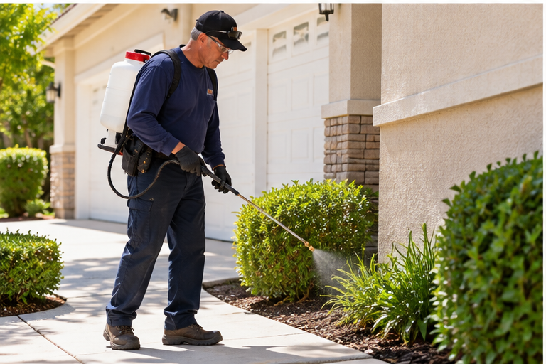 Tiger Termite technician spraying a home's exterior perimeter for general pests