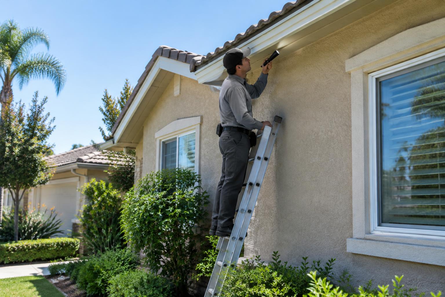 Tiger Termite Control technician inspecting a home's eave for termite activity